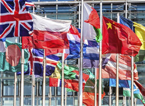 International flags in front of a business building